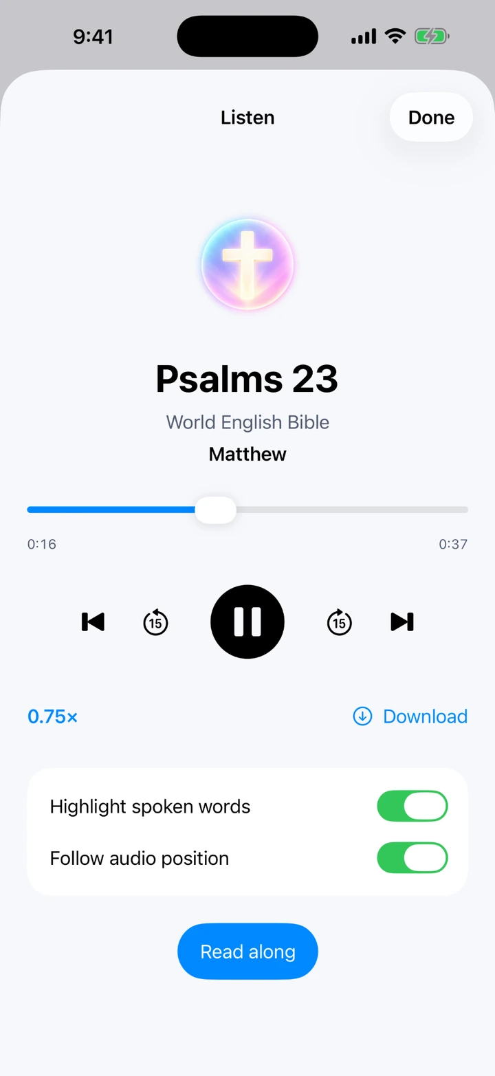 Audio Bible playback and word tracking controls